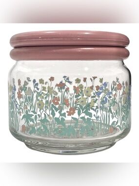 Vintage 1980s KIG Indonesia Wildflower Small Glass Jar Pastel Pink Plastic Lid